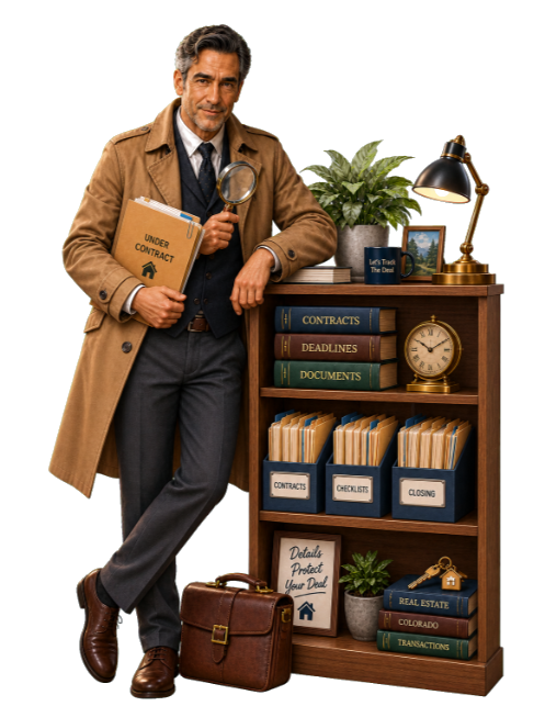 Let’s Track The Deal character beside organized contract and deadline materials