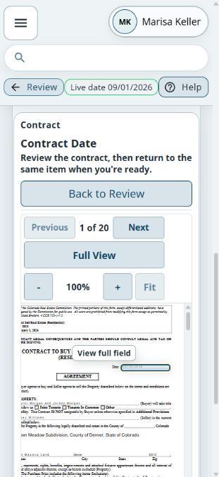 Mobile View Contract screen showing the contract source and Back to Review control
