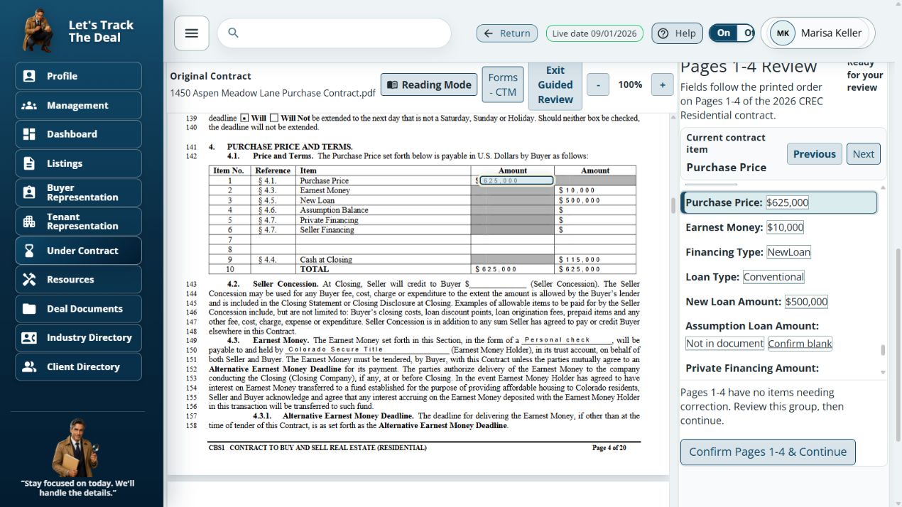 Let’s Track The Deal Desktop Review & Confirm showing the actual contract alongside the Purchase Price review field