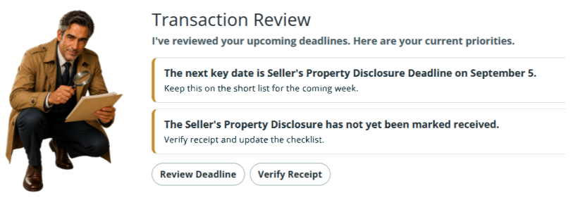 Let’s Track The Deal Transaction Review showing current priorities and deadline actions